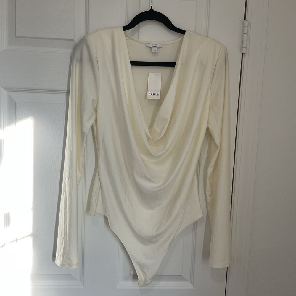 Bar III Ivory long sleeve seamless Drape cowl neck thong Bodysuit nwt silky